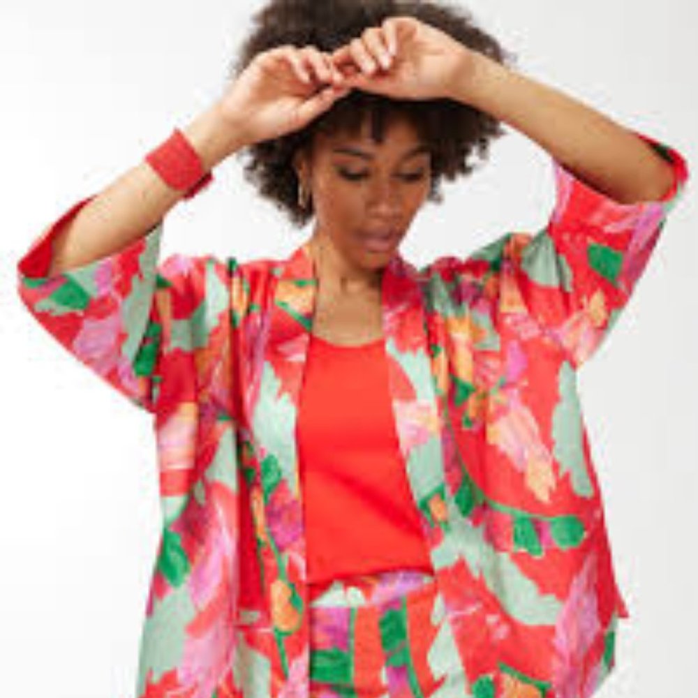 Chicos Foliage Print Short Botanic Berry Laves Ruana‎ Duster Kimono Open Jacket